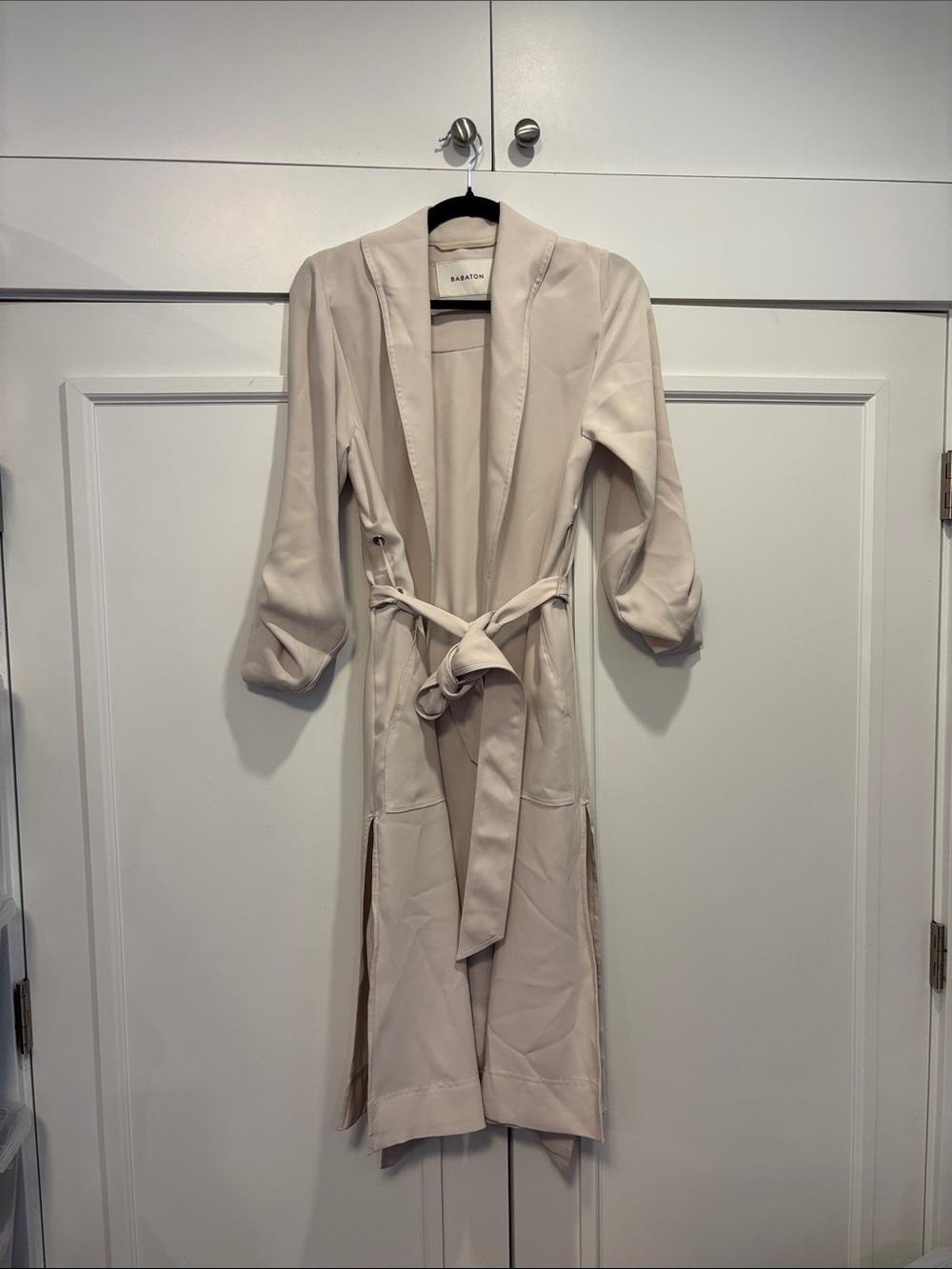 Aritzia Kahlo Neutral Cream Satin-Feel Long Robe with Tie Belt
